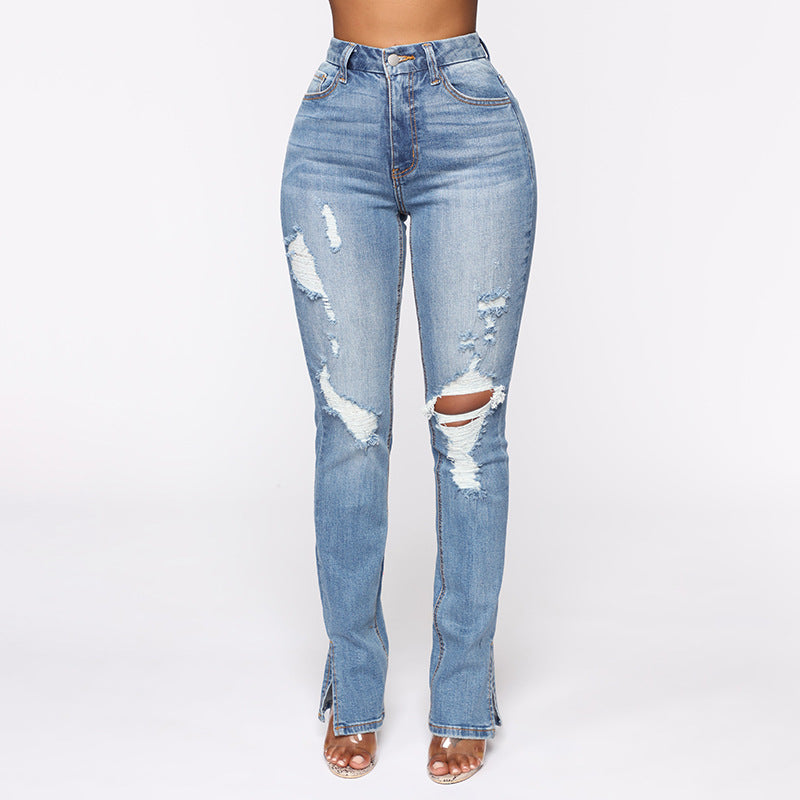 Split Jeans Blue Washed Ripped High Waist Stretch Jeans