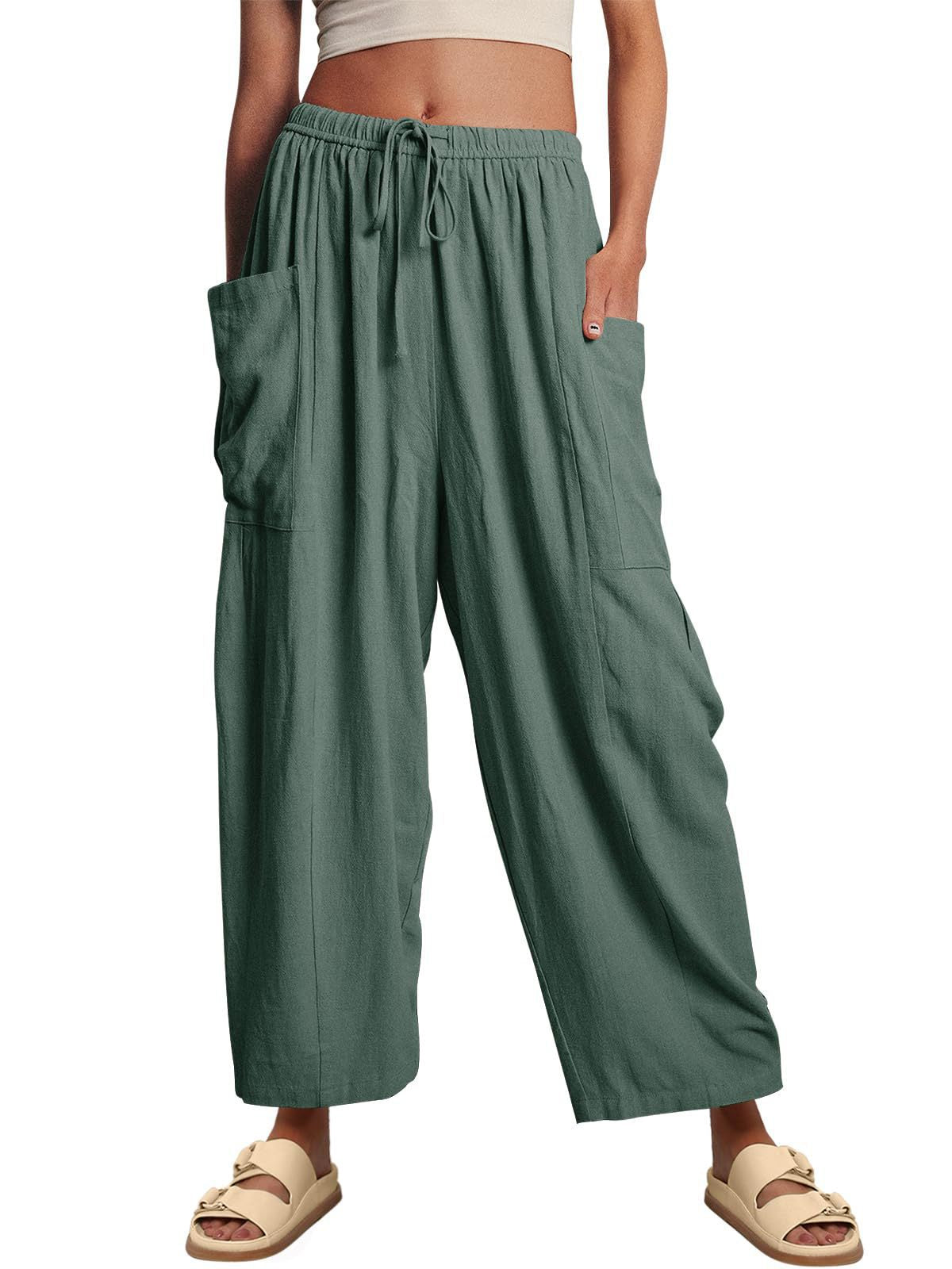 Elastic Waist Pleated High Waist Wide Leg Pants Loose Casual Cotton Linen Trousers