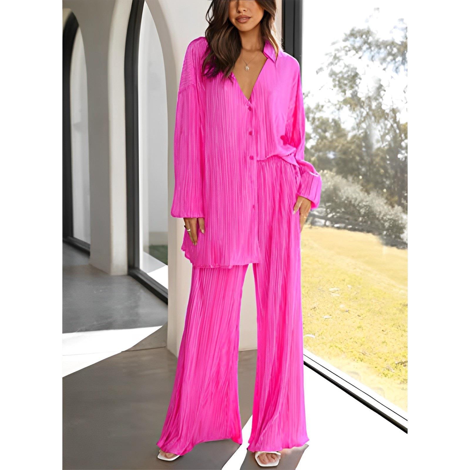 Solid Color Pleated Single Breasted Top High Waist Wide Leg Bell Bottoms Homewear Suit