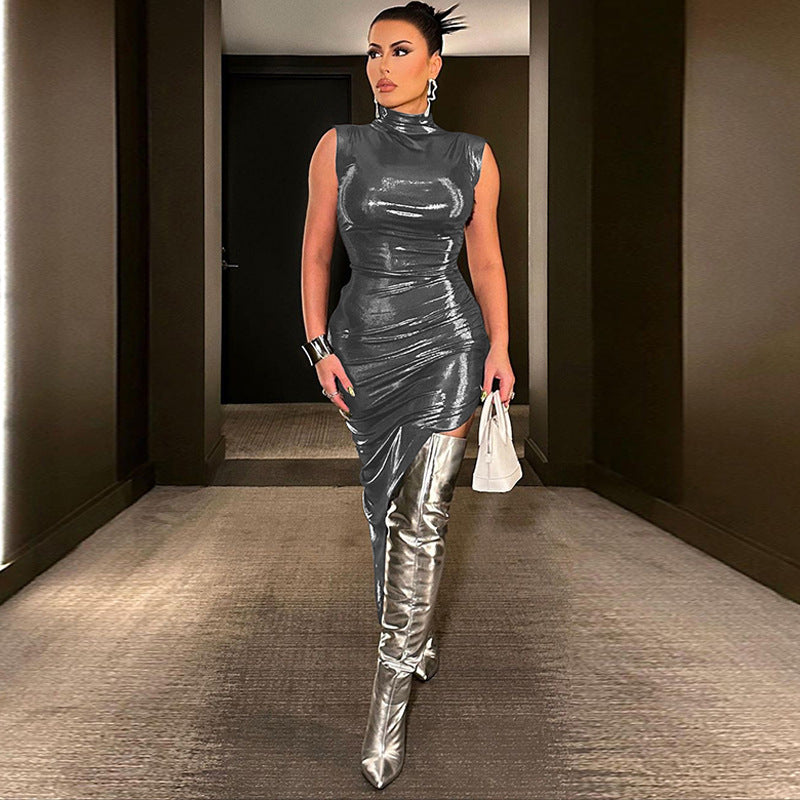 Solid Color Faux Leather Slim Pleated Sleeveless Dress