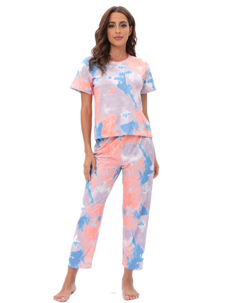 Home Wear Pajamas Two Piece Set Short Sleeve Trousers Suit Leopard Print Tie Dye