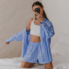 Blue Color Striped Collared Long Sleeved Pants Suit  Two Piece Suit