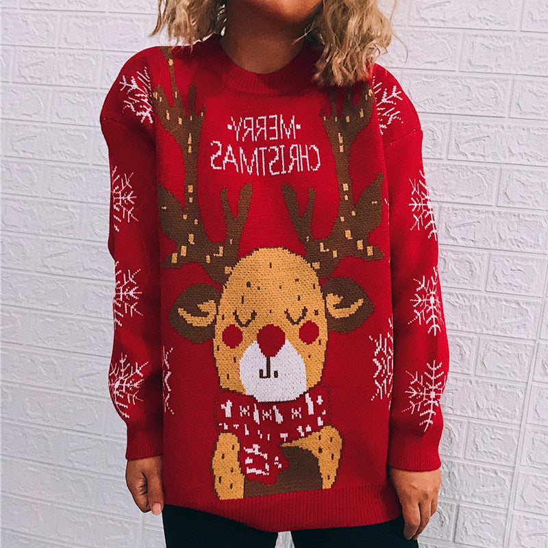 Christmas Theme Sweater Snowflake Elk round Neck Long Sleeve Knitted Pullover