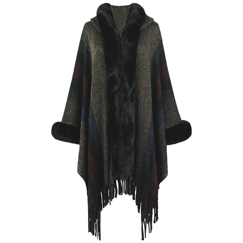 Hooded Cape Striped Knitted Tassel Shawl