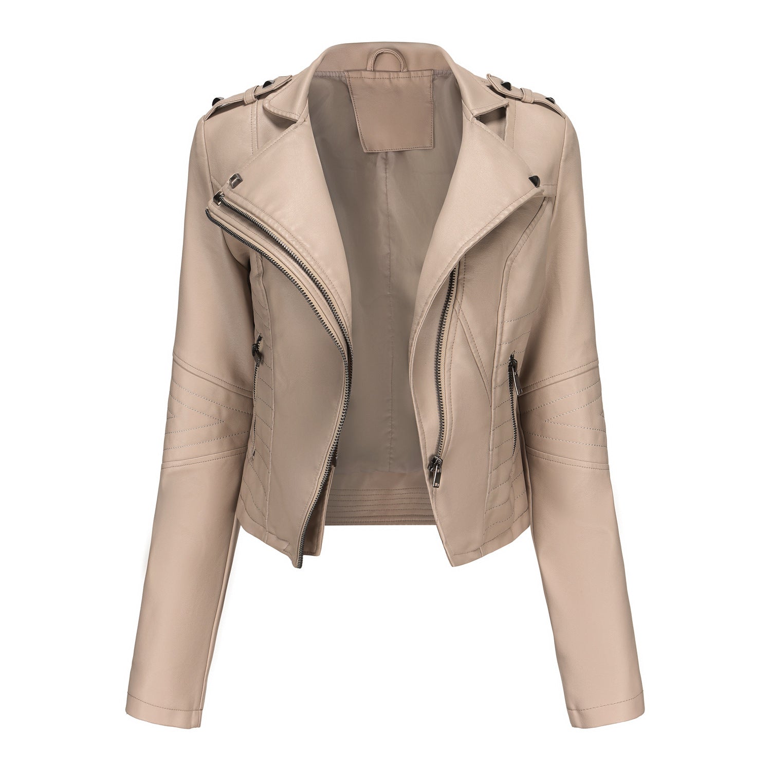 Veste en cuir slim fit à manches longues, veste courte à rivets, veste en cuir zippée
