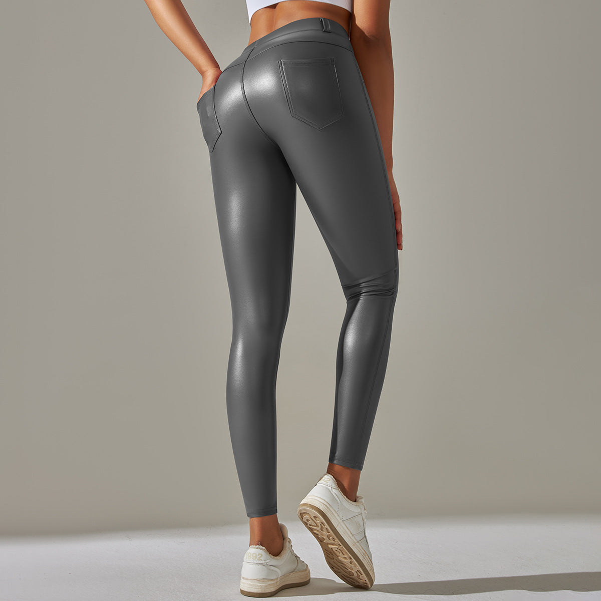 Faux Leather Pants High Elastic Solid Color Bright Surface Thin Velvet Tight Pocket Fitness Trousers Running Yoga Pants