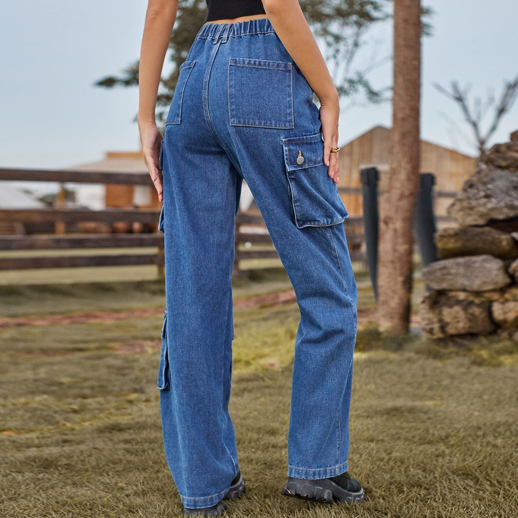 Denim Washed Multi Pocket Overalls Trousers Casual Pants