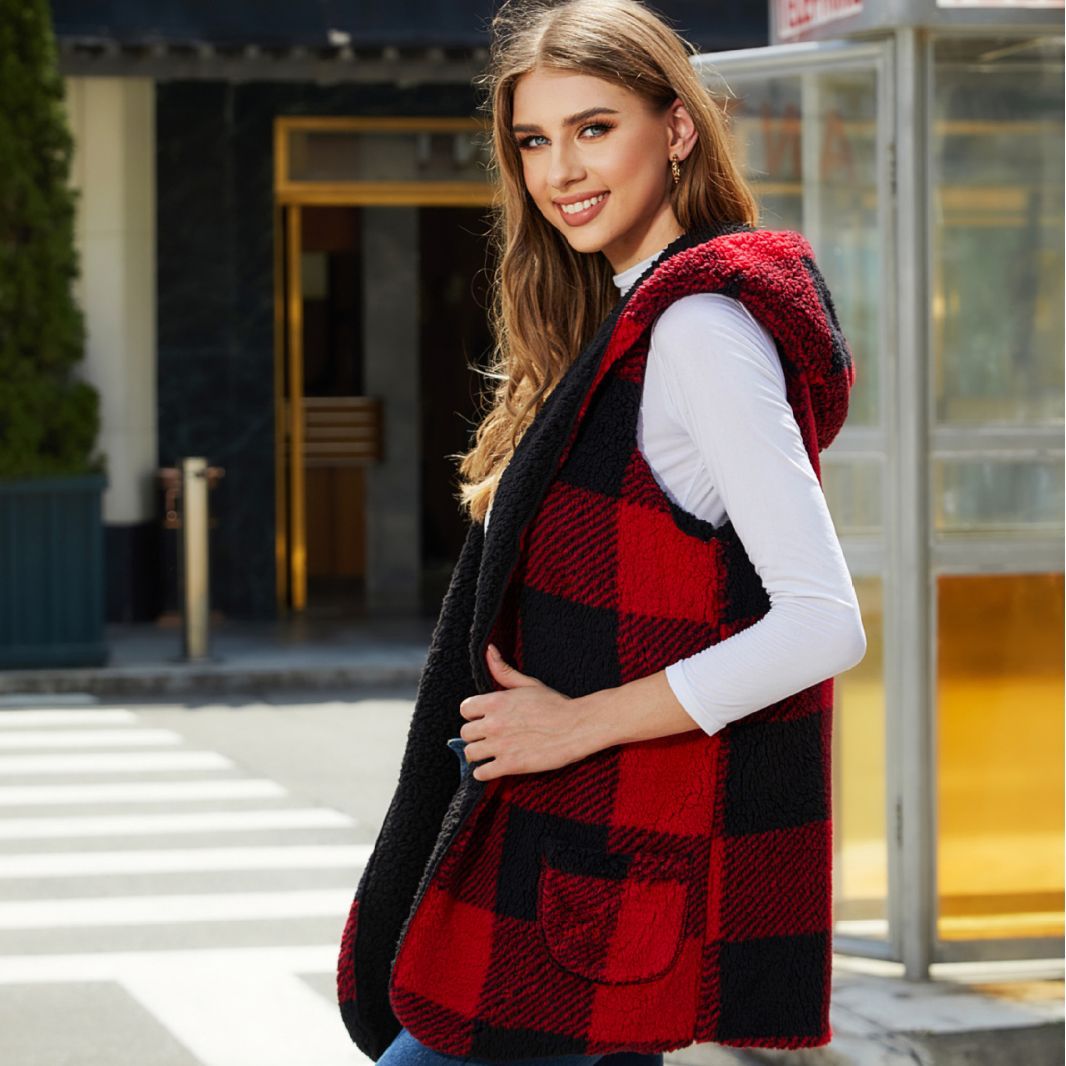 Fall Loose Hooded Buckle Cardigan Plaid Plush Vest Coat