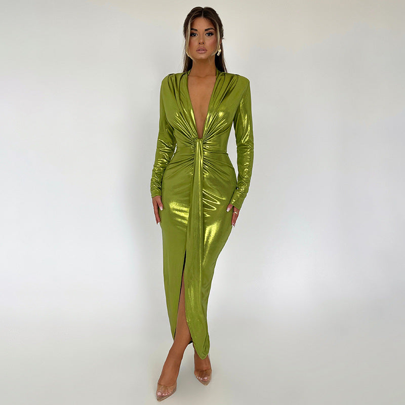 Dress Glossy V neck Long Sleeve Stitching Ruffle Hip Leather Dress