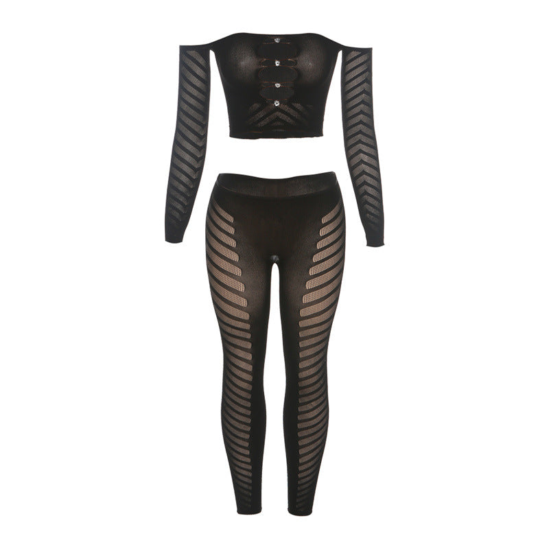 Knitted Slim Fit Figure Flattering Short Sleeve Top High Waist Tight Trousers Set