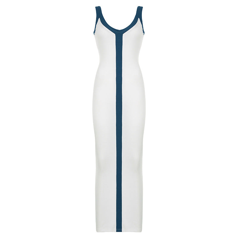 Nähte in Kontrastfarbe, V-förmig, niedriger Kragen, ärmellos, schmale Passform, elegantes Pulloverkleid