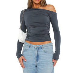 Solid Color Pleated Off Shoulder Pleated Diagonal Collar Off Shoulder Top