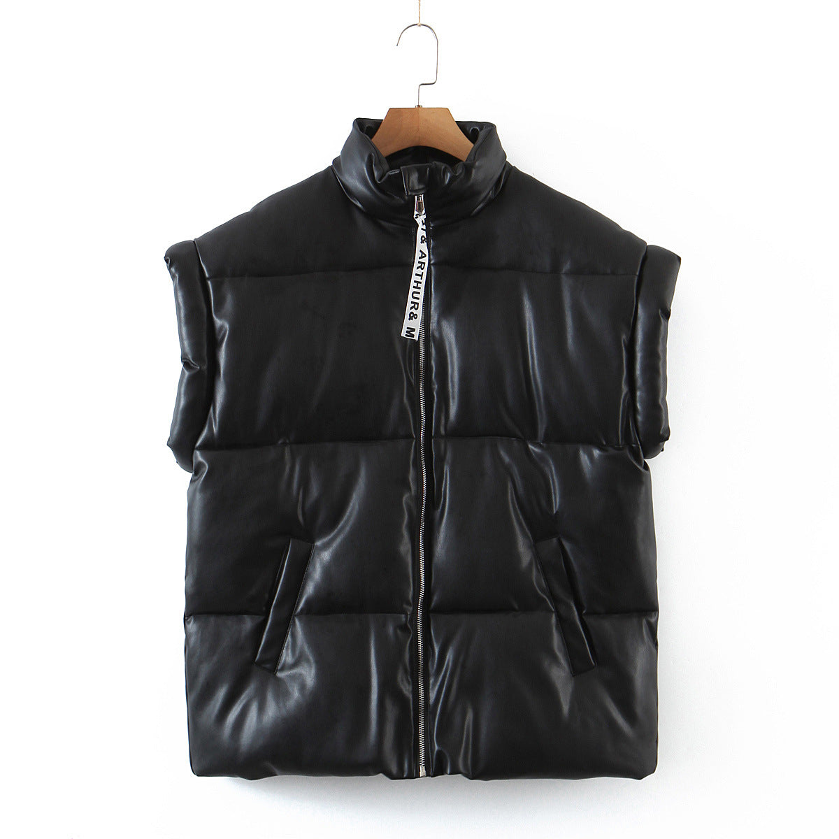 Black with High Collar Sleeveless Bread Coat Faux Leather Vest Cotton Vest