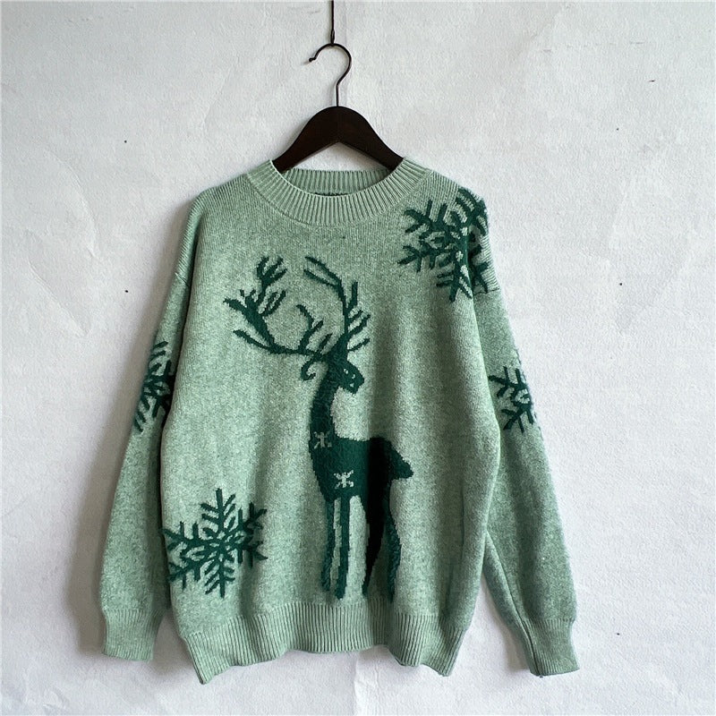 round Neck Long-Sleeved Christmas Sweater Year Snowflake Deer Jacquard Knitted Pullover