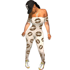Wome Tube Top Printed Solid Color Short Sleeved Trousers Jumpsuit
