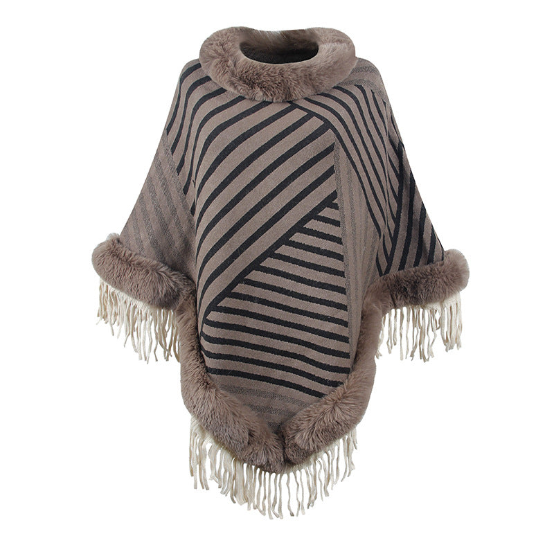 Fur Collar Pullover Tassel Knitted Cape Stripe Warm Shawl