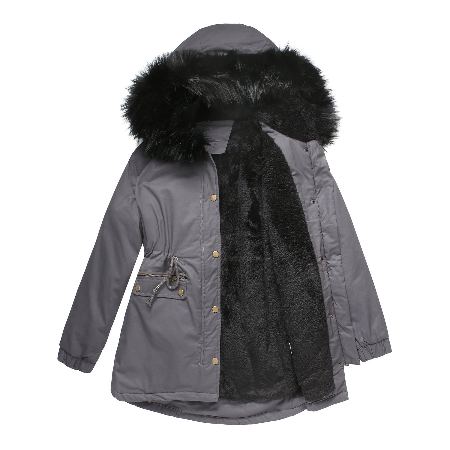 Parka Fleece Lined Coat with Fur Collar Hooded Warm Jacket Loose Cotton Coat Plus Size