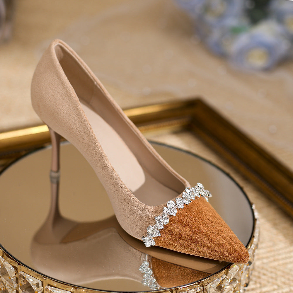 Women's Pointed Toe Shining Rhinestone Suede Black