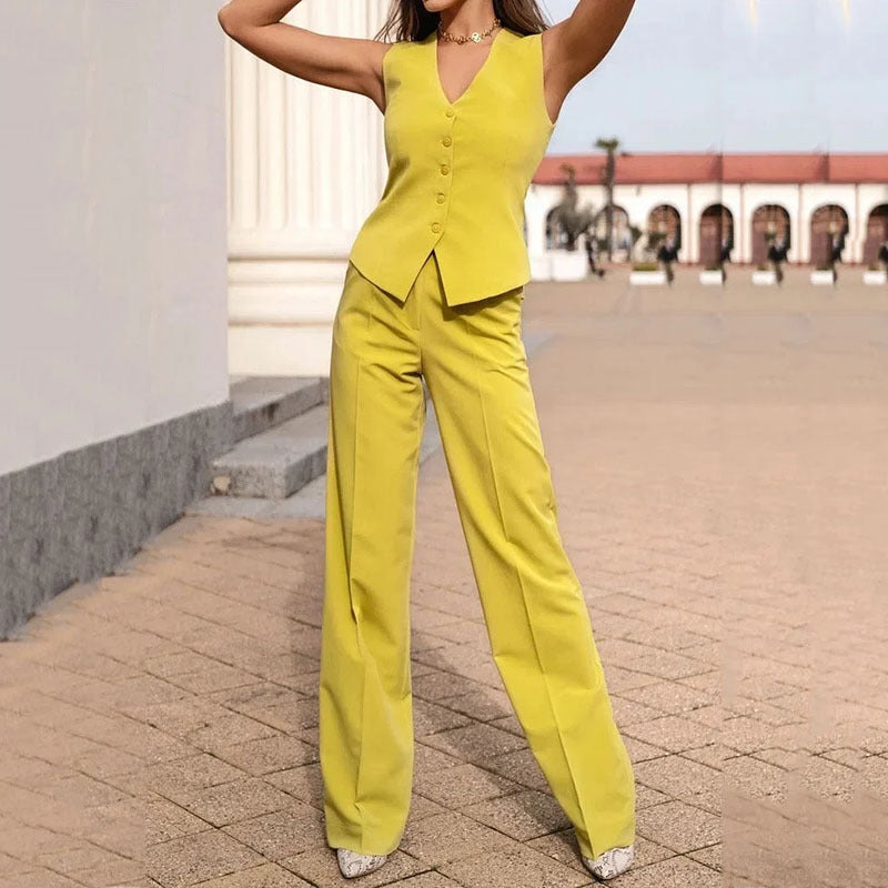 Suit V Neck Vest Top Casual Trousers Two Piece Set