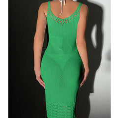 Mid-Length Crocheted Hollow Out Cutout U Collar Strap Dress Knitted Beach Dress