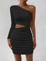 One Shoulder Long Sleeve Hollow Out Cutout Sheath Dress