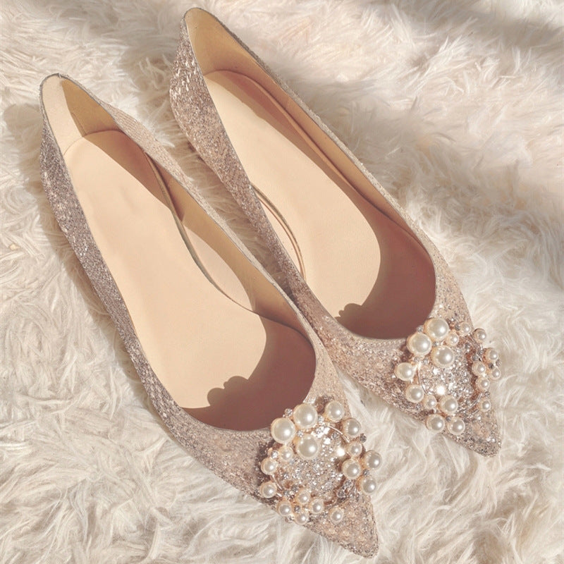 Women's Pregnant Pearl Pointed Flat Female Bridesmaid