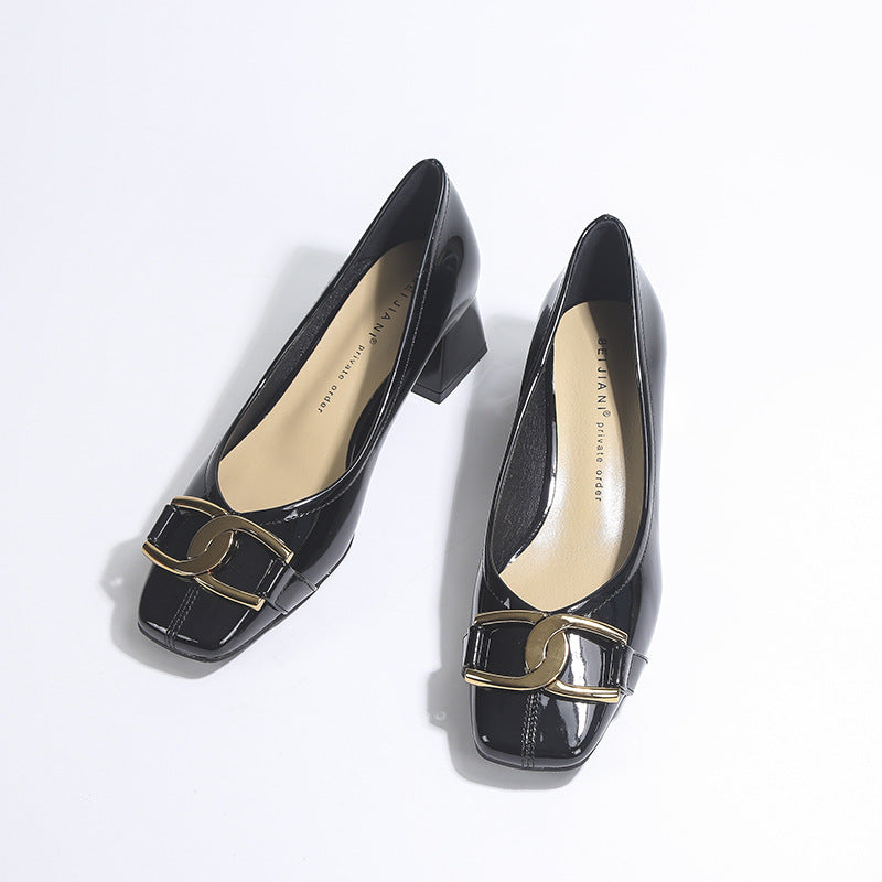 Women's Chunky French Retro Two-way Patent Metal