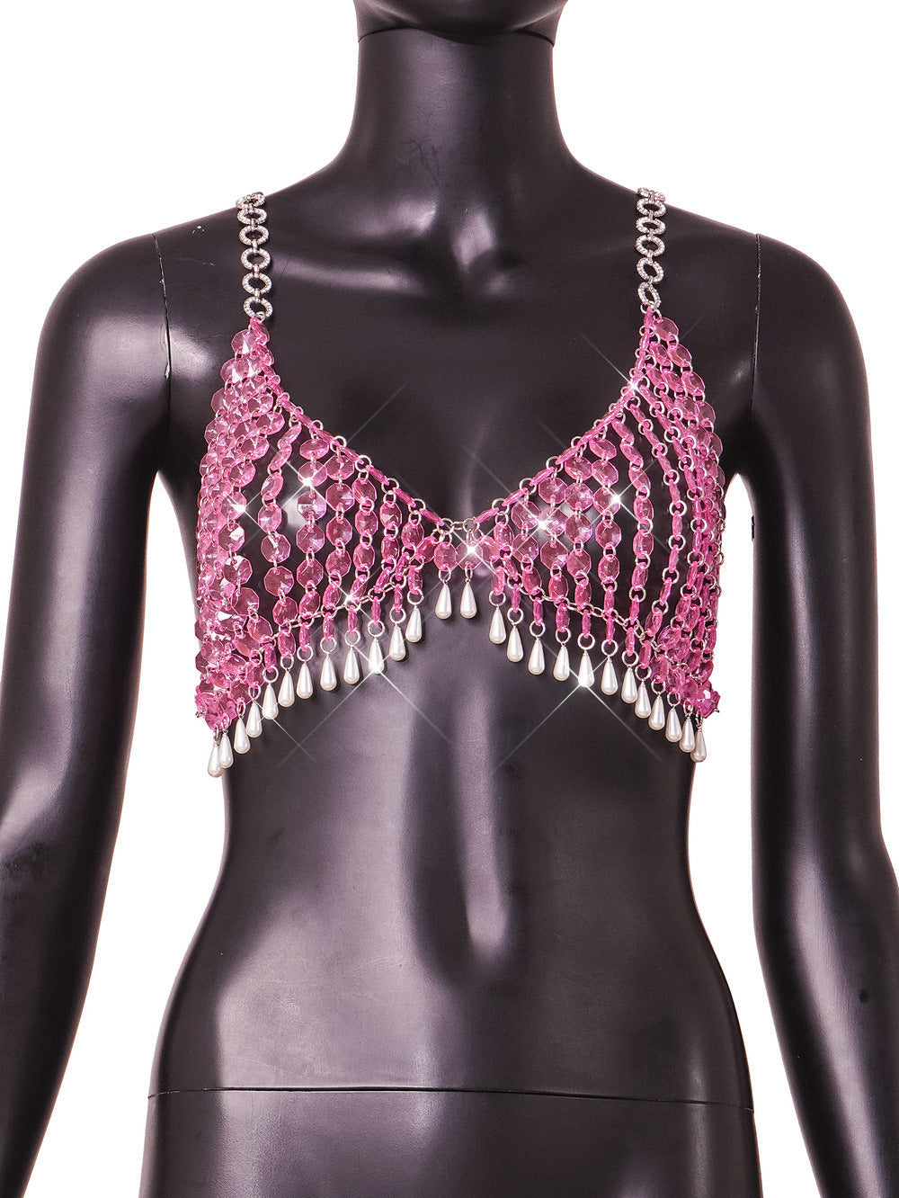 Pink Gem Pearl Halter Sling Backless Vest