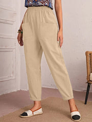 Four Seasons Cotton Linen Cropped Pants Elastic Waist Casual Pants Diagonal Pocket Skinny Pants