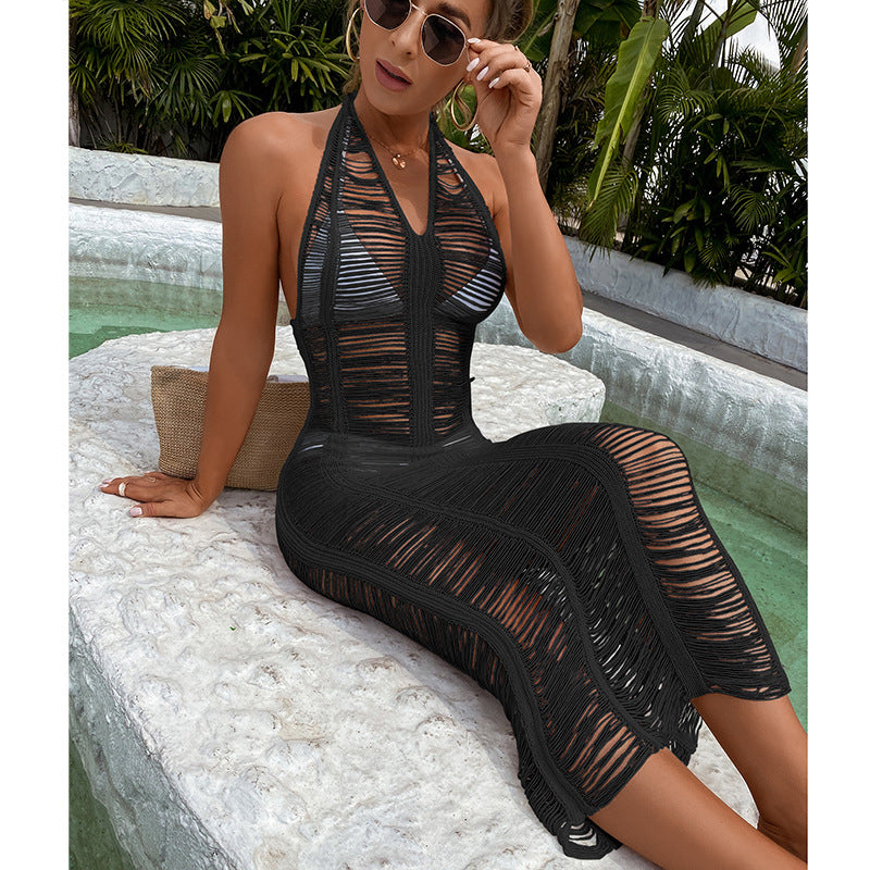 Cami Dress Hollow Out Cutout Halter Strap Dress Bikini Cover-up Skirt Beach Dress