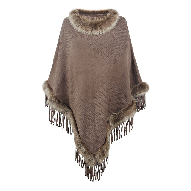 Knitted Tassel Cloak Solid Color Pullover Loose Inverness