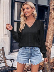Casual Slim V neck Solid Color Smocking Long Sleeve Top