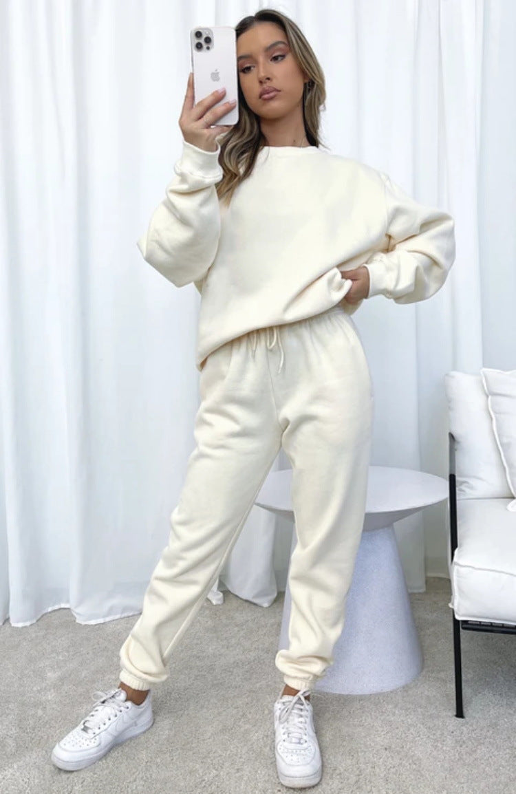 Solid Color round Neck Pullover Casual Long Sleeve Sweater Suit