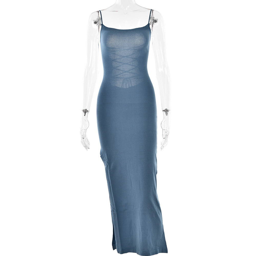 Robe à bretelles pures, robe fendue dos nu à lacets