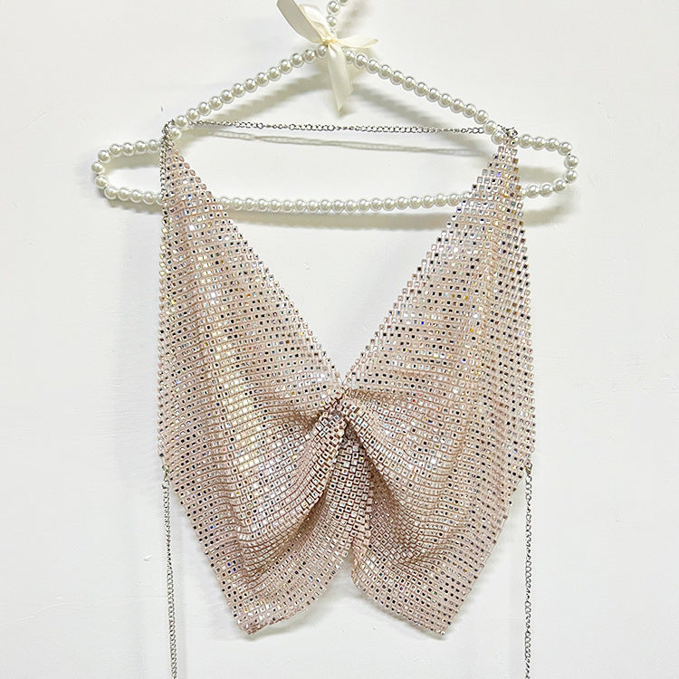 Rhinestone Mesh Halter Spaghetti Straps Vest Backless Nightclub Top