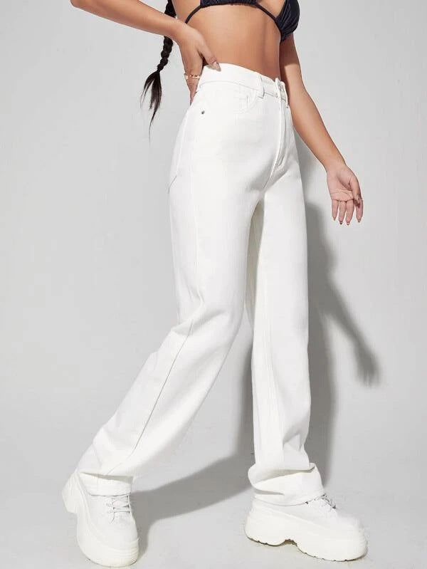 Pantalon blanc à jambes larges, taille haute, jean amincissant tombant, pantalon High Street