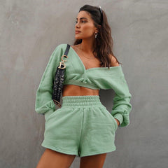 Fall Cropped V neck off-Shoulder Long-Sleeved Sweater Shorts two piece set