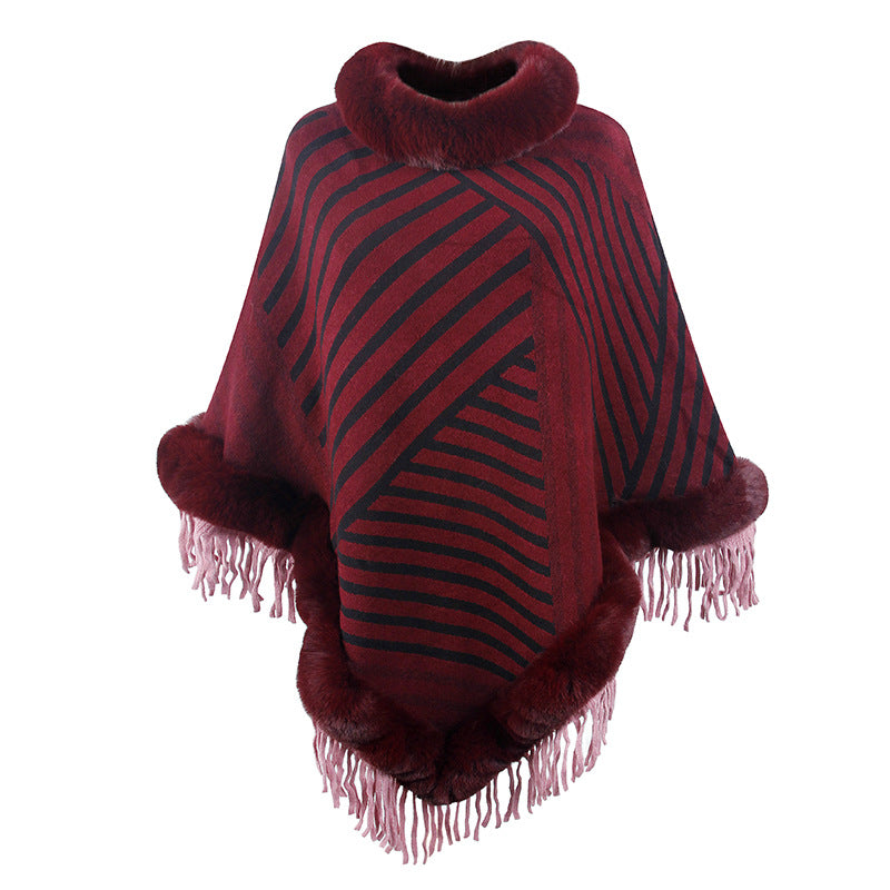 Fur Collar Pullover Tassel Knitted Cape Stripe Warm Shawl