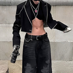 Frühe Punk-Kontrastfarbe Helle Linie Lose Revers Jacke Einzigartiger Langarmmantel
