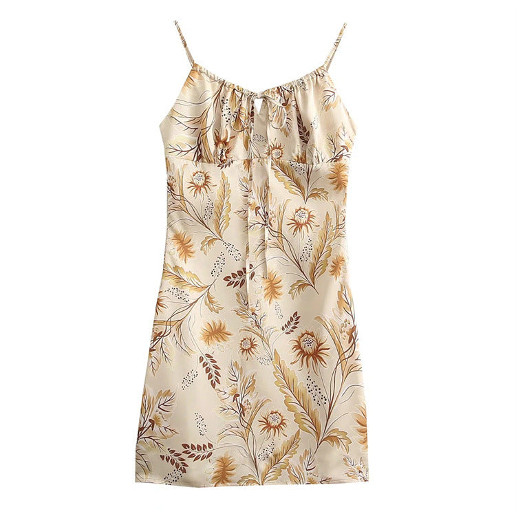 Fresh Printed Backless Slip Dress Sweet Waist Trimming Dress Slim-Fit Tie-Shoulder Floral Dress