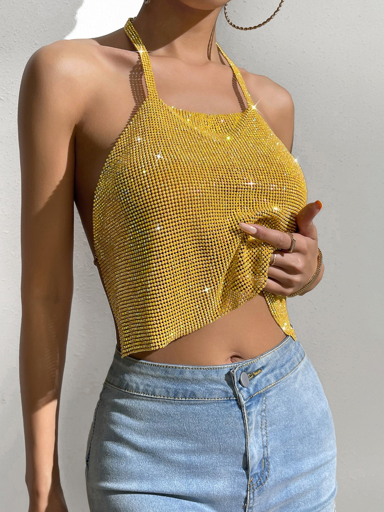 Quick Nightclub Metal Shiny Diamond Backless Square Collar
