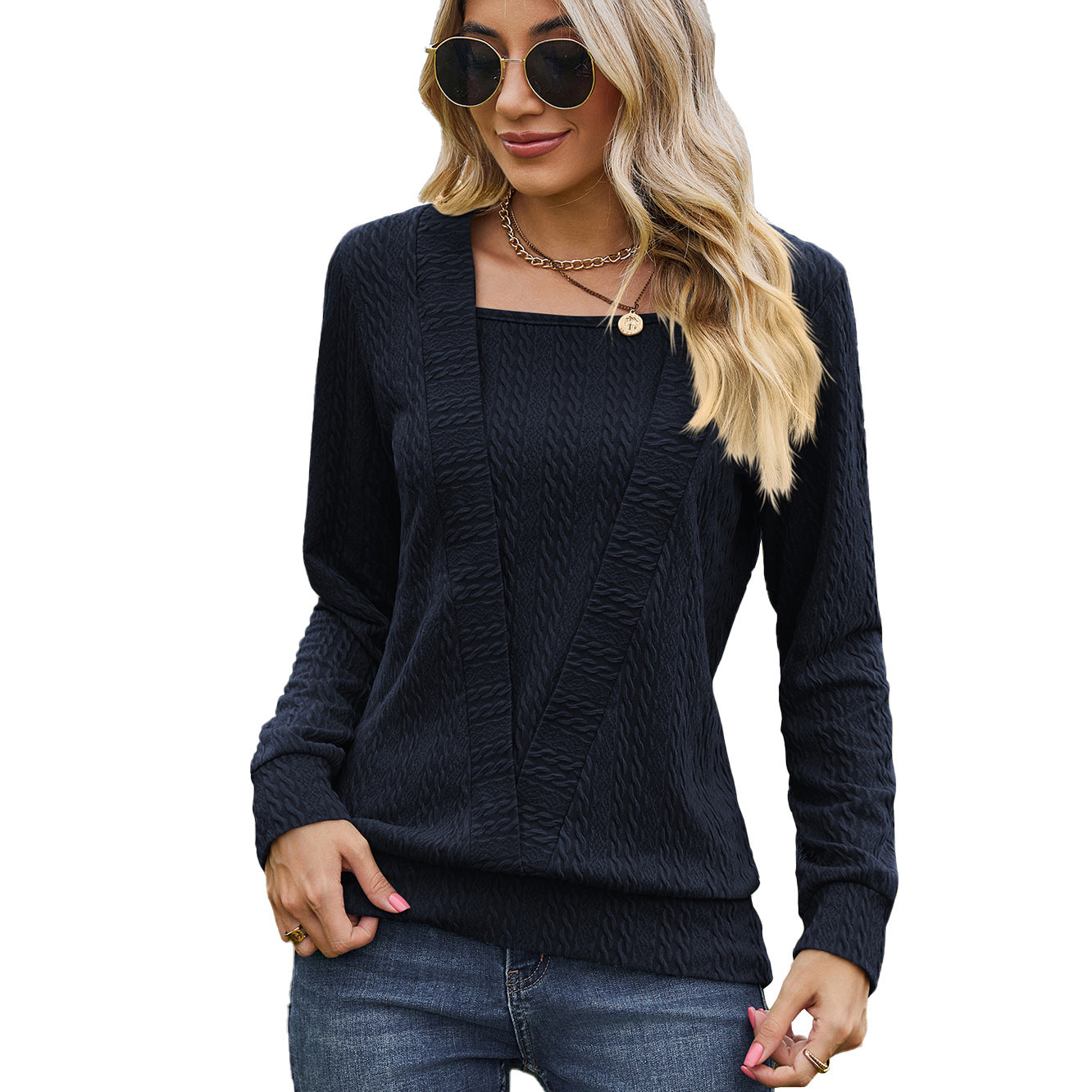 Solid Color Square Collar Cross Loose Long Sleeved T shirt Top