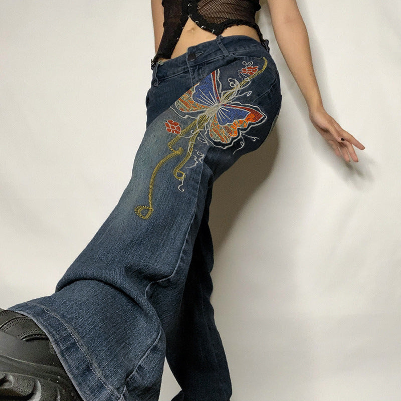 Jean rétro vieilli brodé de papillons, taille basse, pantalon droit pour le nettoyage du sol