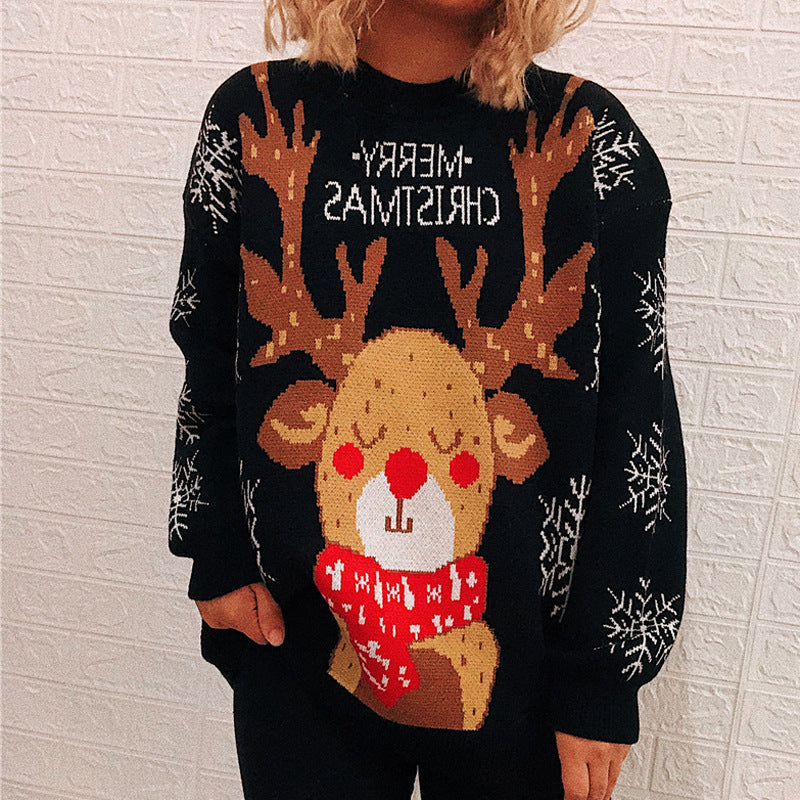 Christmas Theme Sweater Snowflake Elk round Neck Long Sleeve Knitted Pullover