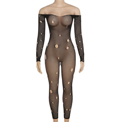See through Tight off Shoulder Long Sleeve Ripped Mesh Jumpsuit