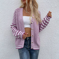 Casual Button Knitted Cardigan Striped V Neck Lantern Sleeve Sweater