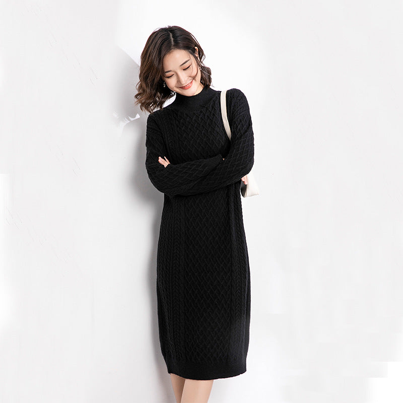 Half High Collar Sweater Knitted Dress Mid Length Loose Over Knee Thickened Base Non Slit Woolen