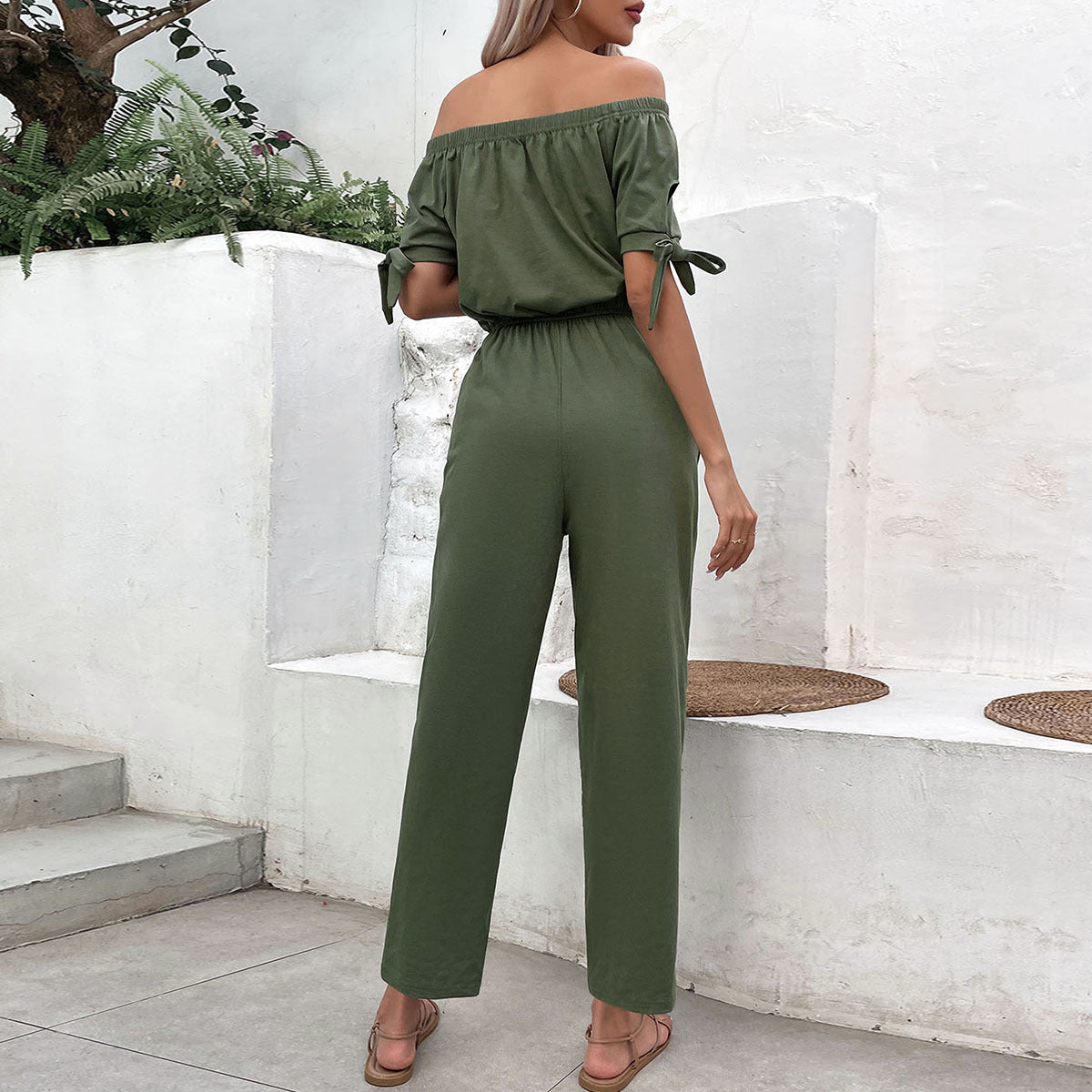 Schulterfreier, einfarbiger Jumpsuit