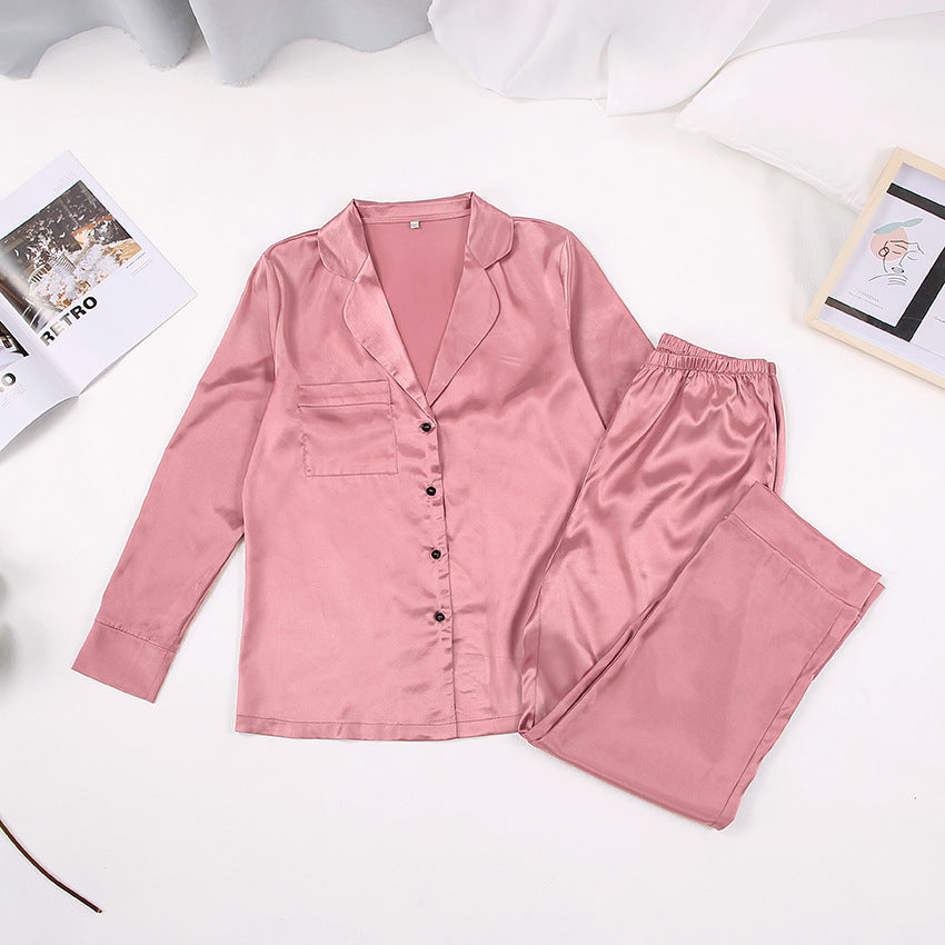 Long Sleeve Minimalist Thin Pajamas Blue Color Silk like Home Wear