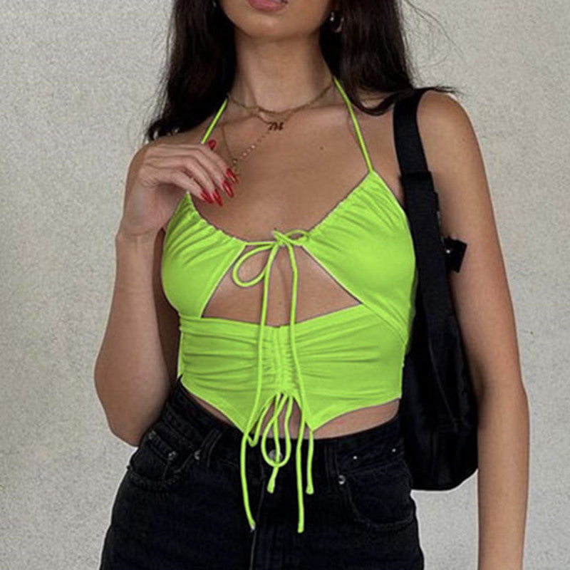 Wear Top Drawstring Hollow Out Cutout out Strap U Collar Slim Fit Inner Wear Small Vest